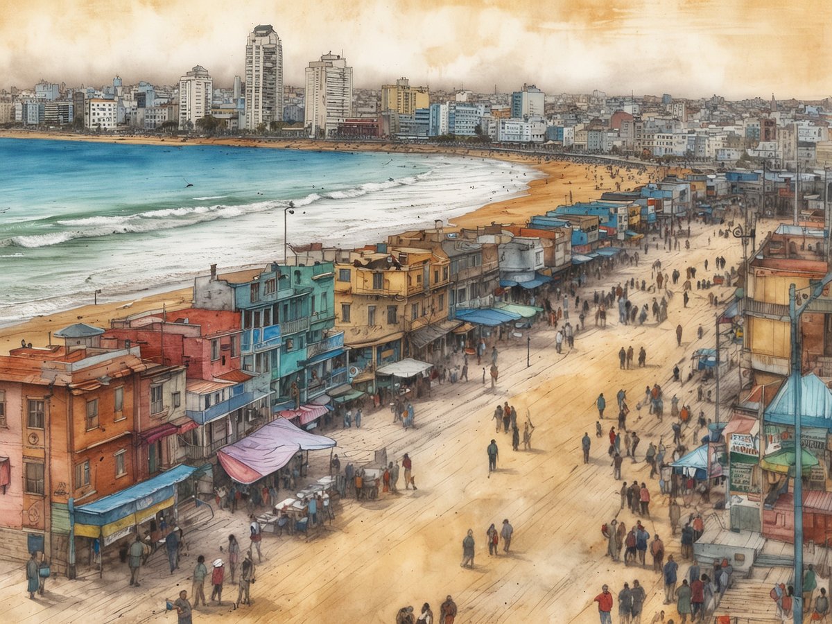 Eine malerische Ansicht von Mar del Plata zeigt den Strand und die lebendige Promenade. Bunte Gebäude säumen die Küste, während zahlreiche Menschen am Ufer spazieren gehen. Die Wellen des Atlantiks rollen sanft an den Strand, wo Sonnenschirme und Marktstände eine einladende Atmosphäre schaffen. Im Hintergrund erheben sich moderne Hochhäuser, die die Stadtlandschaft prägen. Der Himmel hat einen sanften Farbverlauf und verleiht der Szene eine entspannte Urlaubsstimmung.