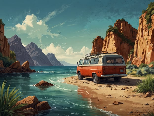 Auf dem Bild ist ein roter VW-Bus zu sehen, der an einer ruhigen Küste parkt. Im Hintergrund erkennt man malerische Berge und eine türkisfarbene Meeresfläche, umgeben von Felsen. Diese Szenerie eignet sich perfekt für einen Aktivurlaub an der Karibikküste, wo man verschiedene Wassersportarten wie Schnorcheln oder Kajakfahren ausprobieren und die beeindruckende Natur erkunden kann. Die Kombination aus Strand, Bergen und einem klassischen Fahrzeug schafft eine einladende Atmosphäre für Abenteuer und Erholung.