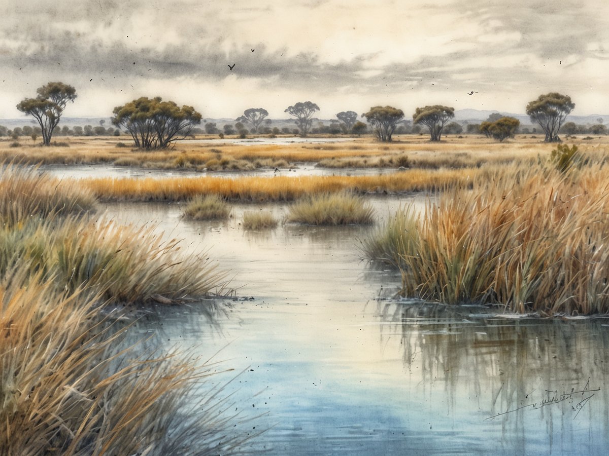 Ibera-Sümpfe: feuchtgebiet mit reicher tierwelt und natur pur. Das Bild zeigt eine weite Landschaft mit sanften Wasserläufen, umgeben von hohen grasartigen Pflanzen und vereinzelten Bäumen. Der Himmel ist bewölkt und erzeugt eine ruhige, melancholische Stimmung. Die Farben sind in sanften Erdtönen gehalten, die die natürliche Schönheit des Sumpfgebiets unterstreichen.