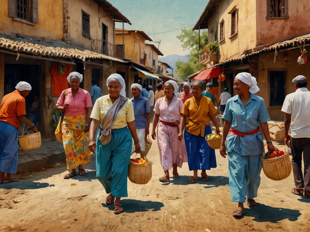 Auf dem Bild sind mehrere Frauen zu sehen, die fröhlich mit Körben voller Obst durch eine belebte Straße in einem Dorf gehen. Die Umgebung wirkt rustikal, mit bunten, traditionellen Kleidern und einfachen Häusern.

In den Nationalparks vieler Länder gibt es oft lokale Märkte, wo frische Produkte und Handwerkskunst verkauft werden. Solche Märkte sind kulturelle Höhepunkte, die nicht nur die kulinarische Vielfalt der Region präsentieren, sondern auch eine Gelegenheit bieten, mit Einheimischen in Kontakt zu treten und ihre Traditionen kennenzulernen. 

Die Frauen könnten im Rahmen eines Dorffests oder eines Marktbesuchs unterwegs sein, was häufig Teil des Lebens in der Nähe von Nationalparks ist, wo das Zusammenspiel von Mensch und Natur zentral ist. Solche Erlebnisse fördern das Bewusstsein für lokale Ökosysteme und die Bedeutung des Naturschutzes.