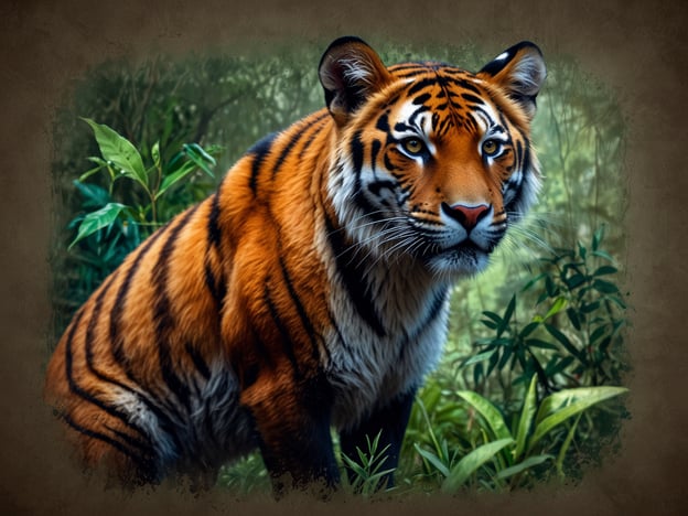 Auf dem Bild ist ein majestätischer Tiger zu sehen, der in einer üppigen, grünen Umgebung sitzt. Die atemberaubende Vielfalt der Flora und Fauna wird hier durch das auffällige orange Schwarzmuster des Tigers und die lebhaften grünen Pflanzen um ihn herum veranschaulicht. Diese Szene zeigt die Schönheit und das Zusammenspiel von Tier und Natur.