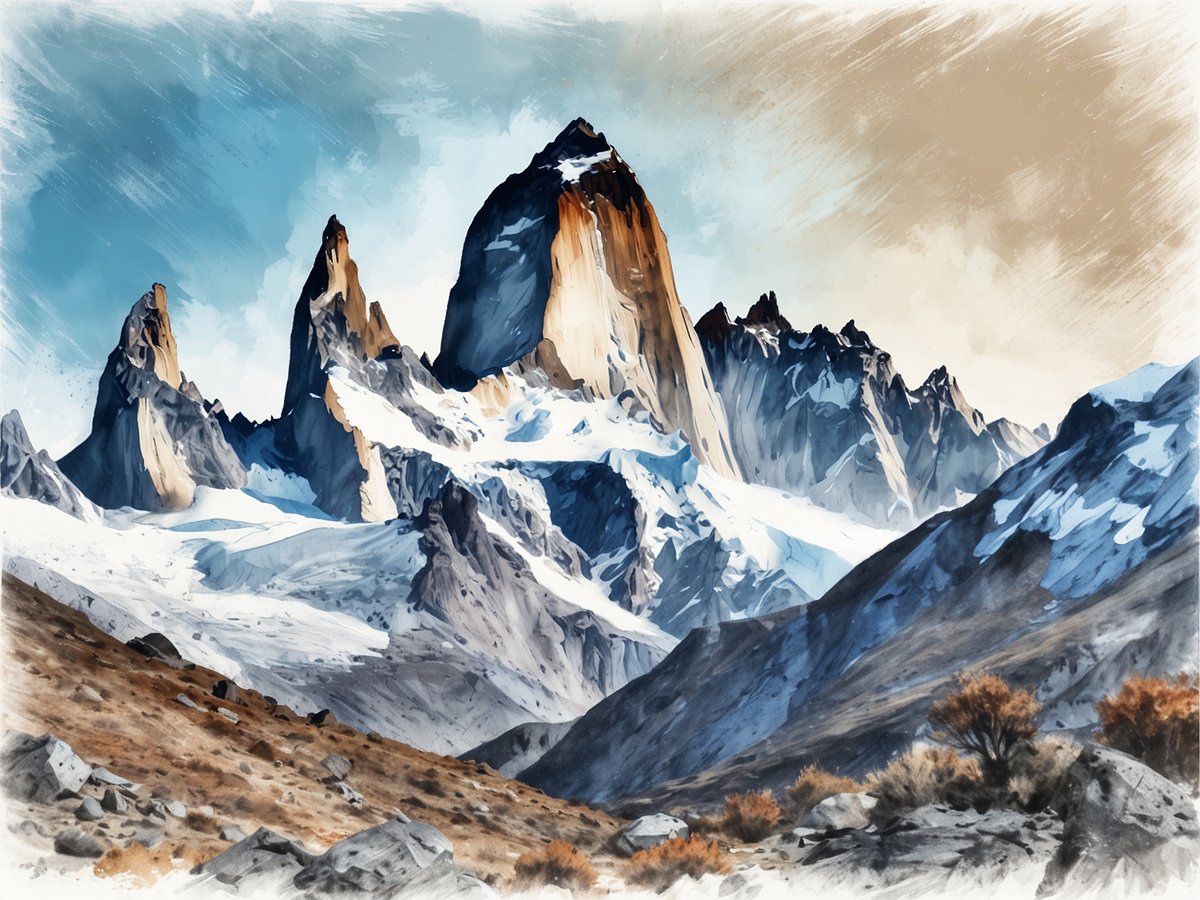 Spektakulärer Wanderblick auf den Fitz Roy mit majestätischen, schneebedeckten Gipfeln und dramatischen Felsformationen. Die ersten Sonnenstrahlen reflektieren auf den steilen Flanken, während im Vordergrund eine bergige Landschaft mit verschiedenen Farbtönen und wildem Strauchwerk zu sehen ist. Der Himmel zeigt eine Mischung aus Blau und beigen Tönen, die die dramatische Kulisse unterstreichen.