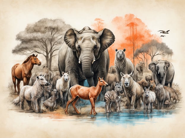 Auf dem Bild ist eine vielfältige Tierlandschaft zu sehen, die viele verschiedene Tiere darstellt. Zu den abgebildeten Tieren gehören Elefanten, ein Zebra, ein Pferd, Bären, eine Antilope und verschiedene Arten von Nutz- und Wildtieren, die oft im Tiergarten Ulm zu finden sind. Die Szenerie vermittelt eine friedliche Atmosphäre mit Wasser und Vegetation im Hintergrund, die ein typisches Habitat für viele dieser Tiere widerspiegelt.