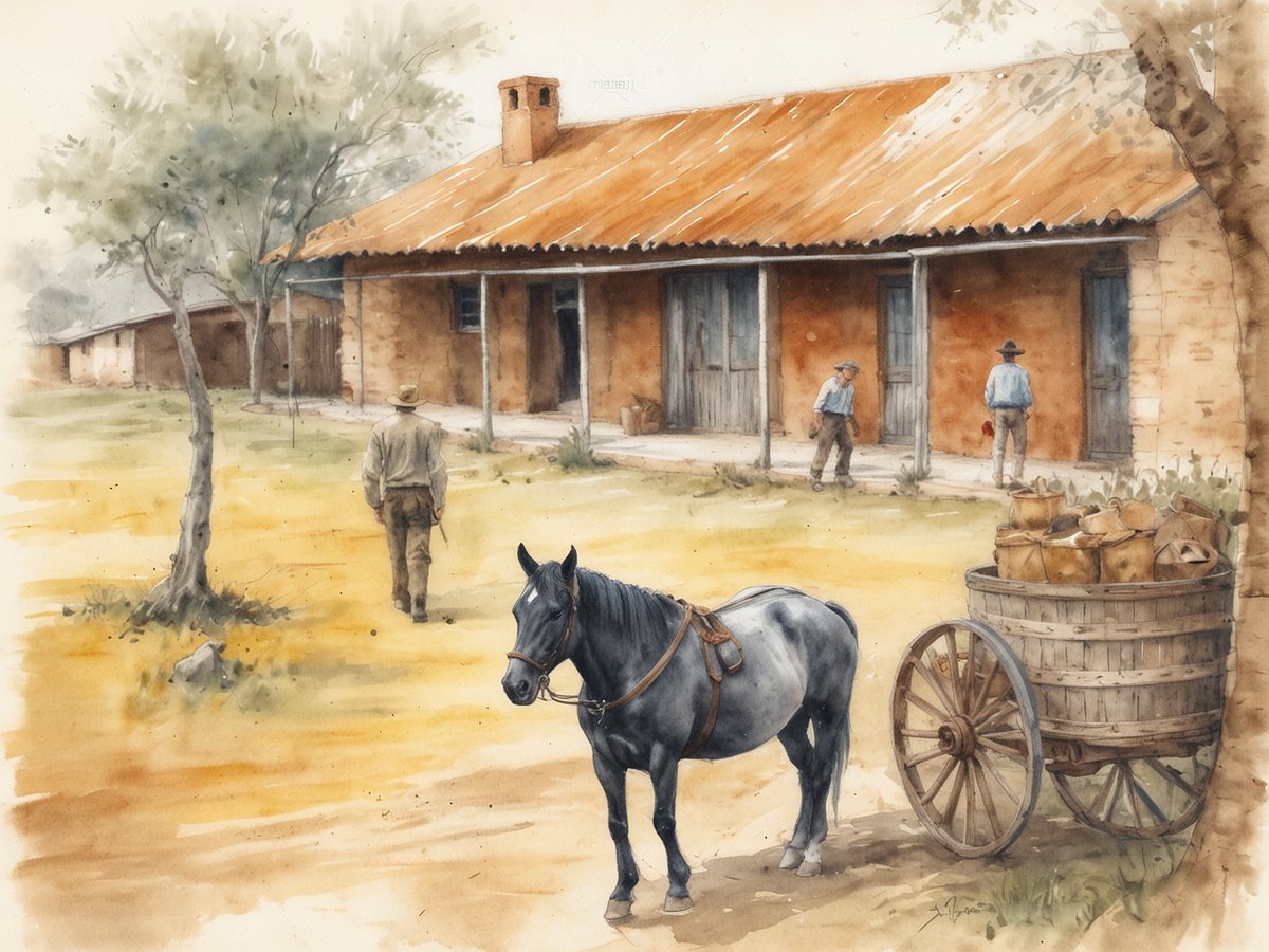 Eine alte landwirtschaftliche Szenerie in San Antonio de Areco zeigt ein einfaches Gebäude mit einem roten Blechdach und Holztüren. Vor der Fassade sind mehrere Männer zu sehen, die in traditioneller Kleidung arbeiten. Im Vordergrund steht ein schwarzes Pferd, das mit einem Geschirr ausgestattet ist. Neben dem Pferd steht ein hölzerner Wagen, auf dem verschiedene Behälter platziert sind. Die Umgebung ist ländlich mit gelblichen Gräsern und einigen Bäumen im Hintergrund, die eine ruhige Atmosphäre ausstrahlen.