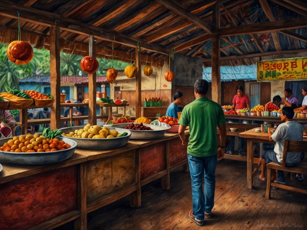 Auf dem Bild ist ein lebhafter Markt in Jutiapa zu sehen, an dem zahlreiche frische Früchte und Gemüse ausgestellt sind. Die Ständer sind reichhaltig mit verschiedenen Obstsorten dekoriert, was die kulinarische Vielfalt der Region widerspiegelt. Die Farben der Früchte und die rustikale Atmosphäre verleihen dem Ort einen einladenden Charakter. Es scheint, als ob Menschen miteinander interagieren, was das Erlebnis eines Marktbummels zusätzlich bereichert. Solche Märkte sind typisch für die Region und bieten eine großartige Gelegenheit, lokale Spezialitäten und frische Produkte zu entdecken.