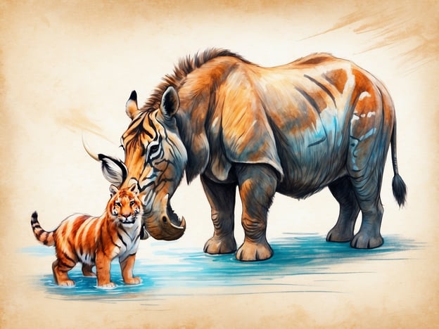 Auf dem Bild sind ein Tiger und ein Elefant zu sehen, die zusammen in einem Wasserbereich stehen. Der Tiger ist jung und sieht neugierig aus, während der Elefant einen schützenden und sanften Ausdruck hat. Dieses Szenario erinnert an ein Besuchererlebnis im Tiergarten, wo man das faszinierende Verhalten von Tieren beobachten kann. Besucher könnten hier die Interaktion zwischen verschiedenen Tierarten schätzen und gleichzeitig die Zuneigung und die Schutzinstinkte der Elterntiere erkennen. Solche Erlebnisse fördern das Verständnis für die Tierwelt und stärken das Bewusstsein für Tierschutz und Naturschutz.