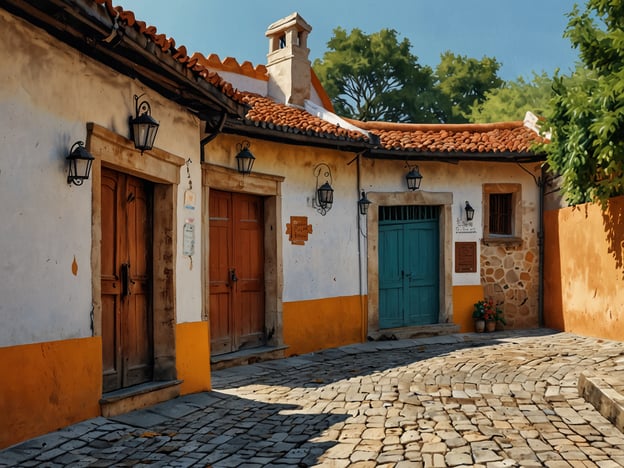 Entdecke den kolonialen Flair von Gracias: Das Bild zeigt eine charmante, historische Viertel mit malerischen, farbenfrohen Fassaden und Türen. Die Straßen sind gepflastert, und die Architektur erinnert an die koloniale Zeit, mit geschmackvollen Details wie Laternen und einem Dach aus Ziegeln. Die sanften Farben und die dekorativen Elemente verleihen der Szene eine einladende und nostalgische Atmosphäre, die die Geschichte und Kultur der Region widerspiegelt.