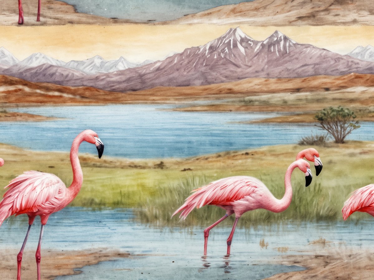 Atemberaubender Hochlandsee Laguna Brava mit Flamingos in rosa und weißen Farbtönen. Die Vögel stehen elegant im flachen Wasser, umgeben von einer malerischen Landschaft mit sanften Hügeln und schneebedeckten Bergen im Hintergrund. Der Himmel zeigt eine sanfte Farbverläufe, die die friedliche Kulisse abrunden.