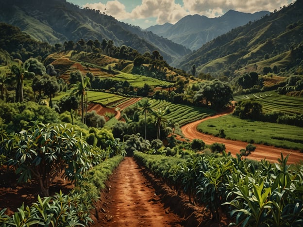 Auf dem Bild ist eine malerische Landschaft zu sehen, die typischen Merkmale der Region Marcala widerspiegelt. Die sanften Hügel sind von üppigen, grünen Plantagen bedeckt, die wahrscheinlich Kaffee oder andere Agrarprodukte darstellen. Die geschwungenen Wege winden sich durch die Landschaft, und die tiefen, fruchtbaren Böden sind durch verschiedene Grüntöne und die braunen Erdwege gut sichtbar. Im Hintergrund erheben sich majestätische Berge, die die Kulisse dieser idyllischen Umgebung bilden. Diese Szene fängt die natürliche Schönheit und landwirtschaftliche Vielfalt der Region Marcala ein.