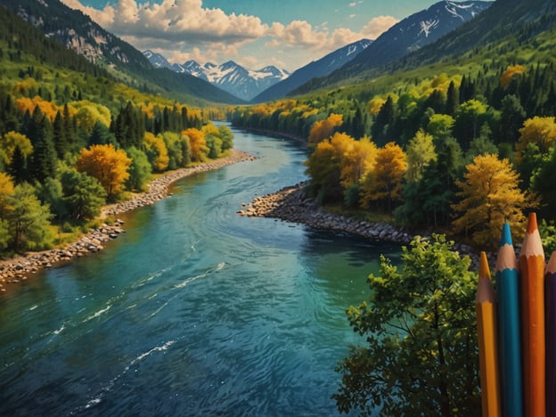 Auf dem Bild sind lebendige Flüsse der Region zu sehen, umgeben von majestätischen Bergen und üppigen Wäldern. Das Wasser des Flusses spiegelt die Farben des Himmels und der Bäume wider, die in verschiedenen Herbsttönen leuchten. Die Szenerie vermittelt eine friedliche und malerische Atmosphäre, die den Reichtum und die Schönheit der Natur zeigt. In der Ecke sind einige Buntstifte zu sehen, die möglicherweise als Inspiration für eine künstlerische Darstellung dieser Landschaft dienen.