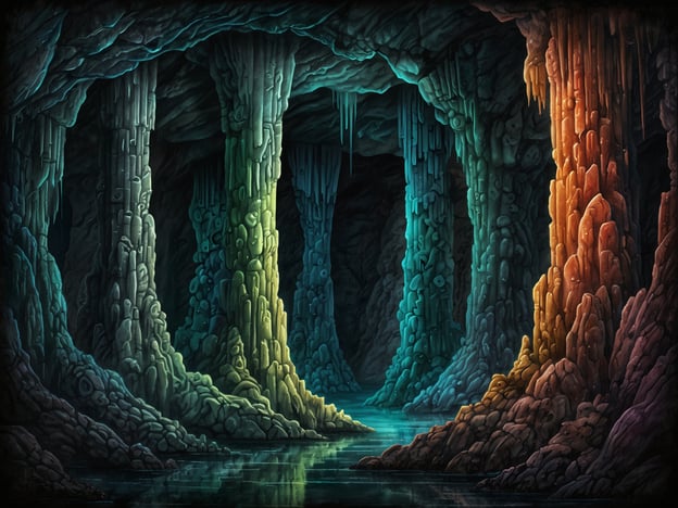 Auf dem Bild ist eine beeindruckende Höhlenlandschaft zu sehen, die an die faszinierenden Cuevas de Taulabé erinnert. Die Höhlen sind durch ihre majestätischen Stalaktiten und Stalagmiten gekennzeichnet, die in verschiedenen Farben leuchten. Das mystische Lichtspiel reflektiert auf der Wasseroberfläche und verstärkt die geheimnisvolle Atmosphäre. Solche Höhlen sind bekannt für ihre atemberaubenden Formationen und die faszinierenden geologischen Eigenschaften, die Besucher aus aller Welt anlocken.