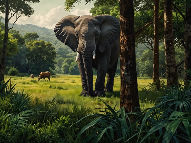 Auf dem Bild ist ein Elefant zu sehen, der majestätisch in einer grünen, offenen Landschaft steht. Um ihn herum erstreckt sich eine üppige Vegetation mit vielen verschiedenen Pflanzen, die typisch für tropische oder subtropische Regionen sind. Im Hintergrund sind sanfte Hügel und Bäume zu erkennen, die zur Biodiversität des Gebiets beitragen. 

Zusätzlich grasen einige Tiere im Hintergrund, was auf ein vielfältiges Ökosystem hinweist, in dem verschiedene Arten miteinander interagieren. Diese Szenerie verdeutlicht die Bedeutung von Natur und Biodiversität, da solch vielfältige Lebensräume essentiell für das Überleben vieler Arten und das Gleichgewicht der Ökosysteme sind. Die Präsenz des Elefanten, eines Schlüsselarten in seinem Habitat, unterstreicht den Reichtum und die Komplexität der natürlichen Umgebung.