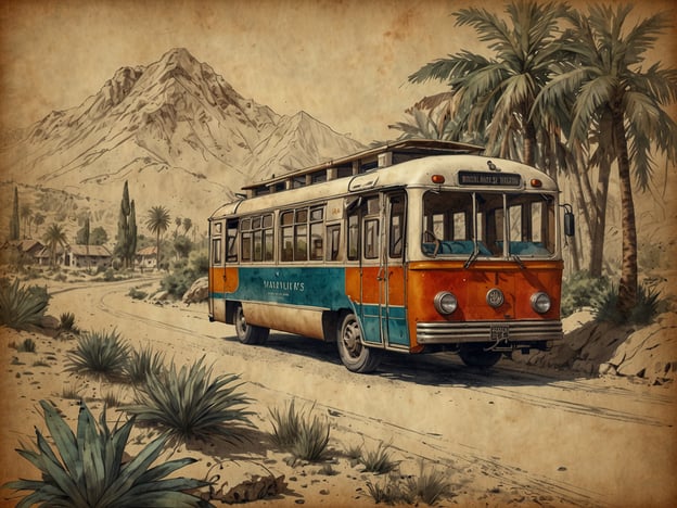 Auf dem Bild ist ein nostalgischer, bunter Bus zu sehen, der auf einer unbefestigten Straße fährt, umgeben von einer landschaftlich reizvollen Kulisse mit Bergen und Palmen. Diese Darstellung könnte im Kontext des nachhaltigen Tourismus auf den Islas del Tigre stehen, wo solche Transportmittel typischerweise verwendet werden, um umweltfreundliche Ausflüge zu fördern. Der Fokus liegt hier auf der Minimierung des ökologischen Fußabdrucks und der Unterstützung lokaler Gemeinschaften, was typischen Prinzipien des nachhaltigen Tourismus entspricht.