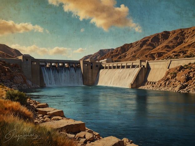 Auf dem Bild ist die beeindruckende Konstruktion des El Cajón-Staudamms zu sehen. Der Staudamm erhebt sich majestätisch über dem Wasser, während das Wasser in mehreren Bögen herabstürzt. Umgeben von hügeligen Landschaften zeigt die Szenerie eine harmonische Verbindung zwischen menschlicher Ingenieurskunst und der natürlichen Umgebung. Die Felsen und das klare Wasser im Vordergrund verleihen dem Bild eine zusätzliche Schönheit und Ruhe.