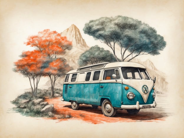 Auf dem Bild ist ein nostalgischer VW-Bulli in einer malerischen Landschaft zu sehen, umgeben von bunten Bäumen und Bergen. Diese Szene könnte Symbol für Naturverbundenheit und die Werte des Naturschutzes sein. Ein solcher Bus könnte in Projekten der Bildungsarbeit genutzt werden, um Menschen für den Schutz der Natur zu sensibilisieren und spannende Exkursionen in die Natur zu unternehmen. Solche Aktivitäten fördern das Bewusstsein für ökologische Themen und die Bedeutung nachhaltigen Handelns.