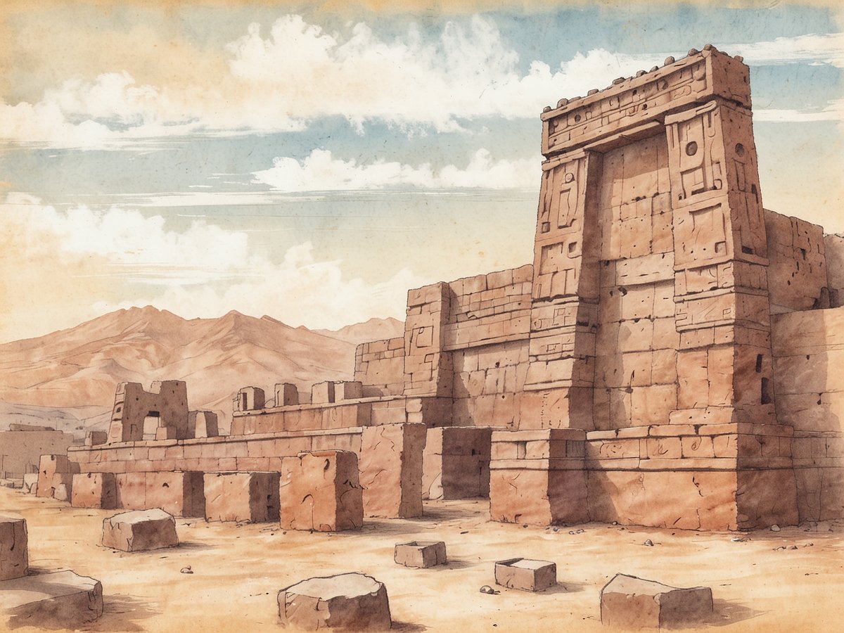 Eine beeindruckende Darstellung der Ruinen von Tiwanaku unter einem klaren Himmel. Im Vordergrund sind große, rechteckige Steine sichtbar, die verstreut im Sand liegen. Hinter ihnen erhebt sich eine monumentale Struktur mit detaillierten Steinmetzarbeiten und einer markanten Eingangstür. Die Architektur reflektiert die avancierte Bauweise der Tiwanaku-Kultur. Im Hintergrund erstrecken sich sanfte Hügel und Berge, die die beeindruckende Landschaft um die UNESCO-Weltkulturerbestätte umrahmen.