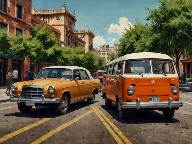 Auf dem Bild sind zwei farbenfrohe Autos zu sehen, ein gelber Oldtimer und ein orangefarbener VW-Bus. Die Umgebung wirkt lebhaft mit Fans von Bäumen und einer belebten Straße, die auf städtisches Leben hinweist.

### Anreise
Um diesen malerischen Ort zu besuchen, empfiehlt es sich, mit dem Auto oder öffentlichen Verkehrsmitteln anzureisen. Falls Sie fliegen, suchen Sie nach dem nächsten Flughafen und nutzen Sie einen Mietwagen oder Taxi-Service, um die Gegend zu erkunden.

### Praktische Tipps
- **Parkmöglichkeiten:** Prüfen Sie im Voraus, ob es in der Nähe Parkplätze gibt.
- **Beste Reisezeit:** Besuchen Sie das Ziel während der frühen Morgenstunden oder an Wochentagen, um Menschenmengen zu vermeiden.
- **Essen & Trinken:** Informieren Sie sich über lokale Restaurants, um die regionalen Spezialitäten zu genießen.
- **Kamera mitbringen:** Halten Sie die eindrucksvolle Architektur und die Atmosphäre fest. 

Planen Sie Ihren Besuch gut und genießen Sie die Zeit in dieser lebendigen Umgebung!