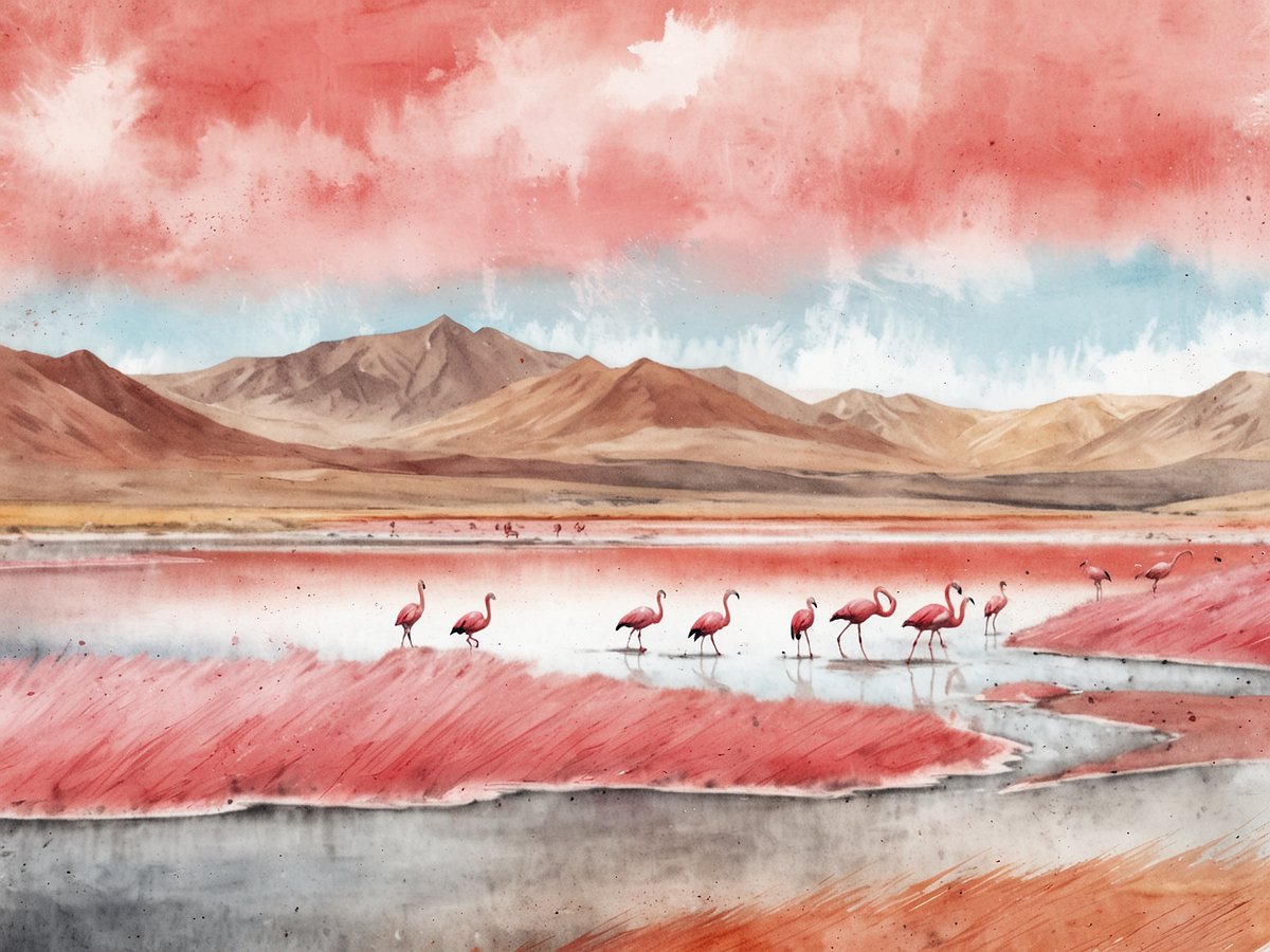 Eine malerische Landschaft zeigt die Laguna Colorada, auch bekannt als Rote Lagune, mit sanften rosettenfarbenen und blauen Tönen am Himmel. Im Vordergrund stehen mehrere Flamingos im seichten Wasser, umgeben von einer leuchtend roten Pflanzenwelt. Im Hintergrund erheben sich majestätische Berge, deren sanfte Konturen durch die Farben des Himmels akzentuiert werden. Die gesamte Szene strahlt eine friedliche und malerische Atmosphäre aus und fängt die einzigartige Schönheit des Altiplano ein.