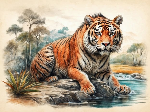 Auf dem Bild ist ein majestätischer Tiger zu sehen, der neben einem Gewässer sitzt. Seine auffälligen orangen und schwarzen Streifen sowie seine muskulöse Körperhaltung zeigen ihn als eindrucksvolles Raubtier, das in vielen Kulturen als Symbol für Stärke und Mut gilt.

In der Geschichte des Wildparks sind Tiere wie der Tiger oft zentrale Figuren. Wildparks wurden geschaffen, um bedrohte Arten zu züchten und zu schützen sowie das Bewusstsein für den Naturschutz zu fördern. Durch solche Einrichtungen haben viele Tiere, einschließlich des Tigers, eine Chance auf Erhalt und Aufzucht in einer geschützten Umgebung, die ihre natürlichen Lebensräume nachahmt. Diese Parks spielen eine entscheidende Rolle in der Bildung der Öffentlichkeit und im Schutz der biologischen Vielfalt.