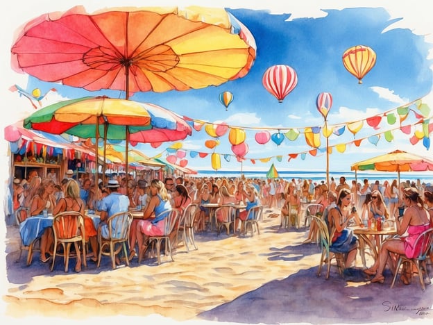 Das Bild zeigt eine lebhafte Strand- oder Strandbar-Szene. Es sind viele Menschen an Tischen unter bunten Sonnenschirmen zu sehen, die in einer entspannten Atmosphäre sitzen, essen und Getränke genießen. Über ihnen schweben farbenfrohe Luftballons und es sind Lichterketten im Hintergrund zu sehen, was zur festlichen Stimmung beiträgt. Der Himmel ist blau mit ein paar Wolken, und es scheint sonnig zu sein.