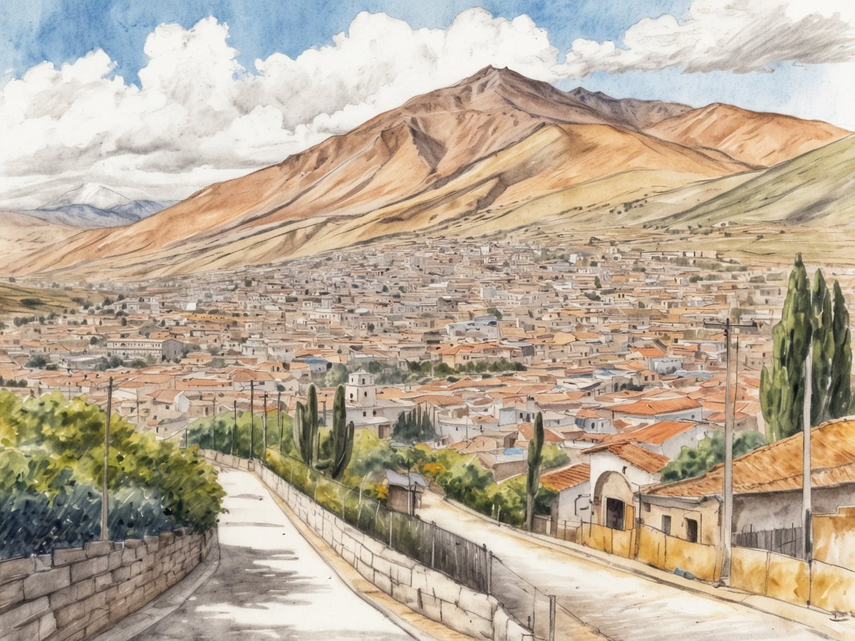 Eine malerische Landschaft von Cochabamba mit einem angenehmen Klima. Im Vordergrund verläuft eine Straße, die sanft abwärts führt, gesäumt von grünen Bäumen und Häuschen. Die Stadt breitet sich in der Mitte des Bildes aus, mit vielen Häusern, deren Dächer in verschiedenen Erdtönen gehalten sind. Im Hintergrund erheben sich majestätische Berge unter einem blauen Himmel mit einigen Wolken, die die natürliche Schönheit der Region unterstreichen.