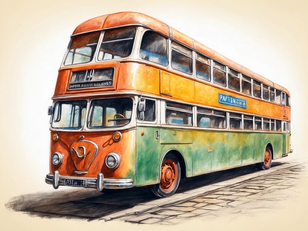 Auf dem Bild ist ein klassischer Doppeldeckerbus zu sehen, der in lebhaften Farben, insbesondere in Orange und Grün, lackiert ist. Der Bus hat einen nostalgischen Charme und könnte Gefühle von Reisen in der Vergangenheit hervorrufen. Besucher könnten sich vorstellen, wie sie mit Freunden oder Familie auf einer Stadtrundfahrt sitzen, die Aussicht genießen und die Atmosphäre der Stadt erleben. 

Die Detailtreue und das handgezeichnete Aussehen des Bildes verleihen ihm eine künstlerische Note, die zum Verweilen und Träumen einlädt. Viele könnten an die guten alten Zeiten des öffentlichen Verkehrs denken und wie der Bus Teil von Erinnerungen an unbeschwerte Tage war.