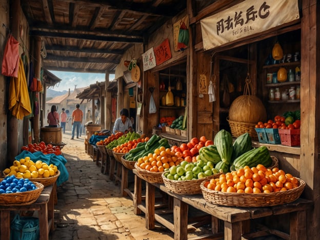 Auf dem Bild ist ein traditioneller Markt zu sehen, der an das Leben in El Negrito erinnert. Die Stände sind mit verschiedenen frischen Früchten und Gemüse dekoriert, die in Körben präsentiert werden. Vasaškeln, die ein tiefes Farbenspektrum aus Gelb, Blau und Rot aufweisen, sind ebenfalls sichtbar, was auf eine lebendige und diverse Auswahl hinweist. Einige Menschen sind in der Szene aktiv, während sie Einkäufe tätigen oder miteinander kommunizieren. Die Architektur scheint rustikal und traditionell zu sein, was den ländlichen Charme der Region widerspiegelt.