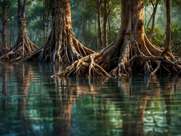 Auf dem Bild ist eine beeindruckende Mangrovenlandschaft zu sehen. Die majestätischen Wurzeln der Mangrovenbäume ragen aus dem klaren Wasser empor, während sich das sanfte Licht der Umgebung auf der Wasseroberfläche spiegelt. Die üppige Vegetation schafft eine friedliche und mystische Atmosphäre, die die Magie der Natur wunderbar einfängt. Dieses Ökosystem ist nicht nur ästhetisch ansprechend, sondern auch ein wichtiger Lebensraum für viele Tierarten.