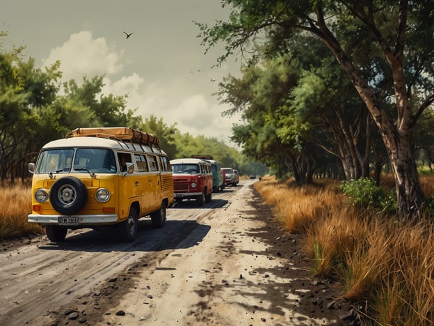 Auf dem Bild sind mehrere farbige Vans zu sehen, die auf einem unebenen Weg durch eine naturnahe Landschaft fahren. Diese Szene könnte als Beispiel für nachhaltigen Tourismus interpretiert werden, da Reiseformen, die die Erkundung von Naturgebieten fördern, oft den Fokus auf den Schutz der Umwelt legen. 

Nachhaltiger Tourismus zielt darauf ab, die natürliche Umgebung zu bewahren und gleichzeitig den Reisenden die Möglichkeit zu geben, die Schönheit der Natur zu erleben. Die Fahrzeuge könnten darauf hinweisen, dass die Touristen verantwortungsbewusst reisen und lokale Wege nutzen, anstatt große Straßen oder schützenswerte Gebiete zu belasten. Solche Praktiken tragen dazu bei, die natürliche Atmosphäre zu bewahren und die Biodiversität zu schützen.