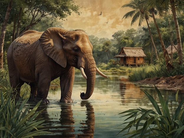 Auf dem Bild ist ein Elefant zu sehen, der in einem Gewässer steht, umgeben von üppiger Vegetation und palmengesäumten Ufern. Im Hintergrund sind traditionelle Holzhäuser sichtbar, die in der Natur eingebettet sind. 

Im Kontext des nachhaltigen Tourismus in La Mosquitia könnte diese Szene symbolisch für den Schutz und die Wertschätzung der natürlichen Schönheit und der Wildtiere dieser Region stehen. Nachhaltiger Tourismus fördert den Erhalt der einzigartigen Tierwelt, wie der Elefant, und trägt zur Verbesserung der Lebensbedingungen der lokalen Bevölkerung bei, indem er umweltfreundliche Praktiken und den Respekt vor der Natur in den Vordergrund stellt. Solche Szenen können Touristen anziehen, die an Ökotourismus interessiert sind und die Erfahrung suchen, die natürliche Schönheit und Artenvielfalt von La Mosquitia hautnah zu erleben.