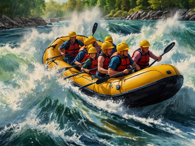 Auf dem Bild ist eine Gruppe von Menschen zu sehen, die in einem gelben Schlauchboot beim Wildwasser-Rafting unterwegs sind. Sie scheinen viel Spaß zu haben, während sie durch hohe Wellen paddeln. Die Szene vermittelt ein starkes Gefühl von Abenteuer und Adrenalinkick, das mit der aufregenden Erfahrung des Wildwasser-Raftings verbunden ist. Das Wasser spritzt um sie herum, und die Umgebung ist grün und natürlich, was die Action noch verstärkt.