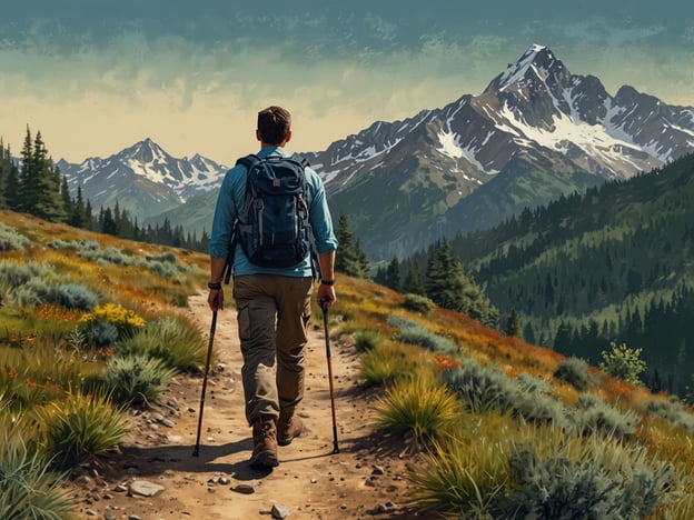 Auf dem Bild ist ein Wanderer zu sehen, der einen malerischen Wanderweg durch eine farbenfrohe, bergige Landschaft erkundet. Die majestätischen Berge im Hintergrund, einige mit Schnee bedeckt, bieten eine beeindruckende Kulisse. Diese Szene lädt zu unvergesslichen Abenteuern abseits des Wassers ein und vermittelt das Gefühl von Freiheit und Erkundung in der Natur. Der Wanderer scheint bereit, neue Höhen und Perspektiven zu entdecken.