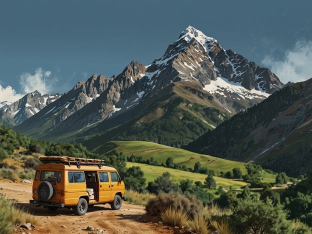 Auf dem Bild ist ein gelbes Fahrzeug zu sehen, das auf einem unbefestigten Weg in einer bergigen Landschaft steht. Die Berge im Hintergrund sind teilweise schneebedeckt und der Himmel ist klar. Diese Szenerie könnte sehr gut als Beispiel für nachhaltigen Tourismus im Hochland dienen, da sie eine natürliche Umgebung bietet, die Besucher anzieht und gleichzeitig die Notwendigkeit betont, die Natur zu schützen und respektvoll mit den Ressourcen umzugehen. Solche Reisen können dazu beitragen, das Bewusstsein für Umweltschutz zu fördern und lokale Gemeinschaften zu unterstützen.