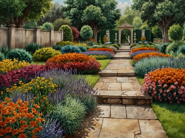 Auf dem Bild ist ein wunderschöner Garten zu sehen, der reichhaltig mit einer Vielzahl von Blumen und Pflanzen gestaltet ist. Der Garten ist mit bunten Blumenbeeten verschiedenen Farben, darunter Orange, Lila und Rot, gesäumt. Ein gepflasterter Weg führt durch die Mitte des Gartens und wird von üppigem Grün und Sträuchern flankiert. Am Ende des Weges steht ein elegantes Tor oder Pavillon, das den Raum beeindruckend abschließt.

Die Geschichte und Entwicklung von Gärten kann in diesem Bild besonders gut veranschaulicht werden. Gärten haben seit Jahrtausenden eine zentrale Rolle in der menschlichen Zivilisation gespielt, angefangen bei den hängenden Gärten von Babylon bis hin zu den klassisch gestalteten Gärten der Renaissance. Dieser Garten könnte als ein Beispiel für die Nachwirkungen dieser Traditionen angesehen werden, indem er sowohl ästhetische als auch funktionelle Elemente vereint und den Menschen einen Ort der Ruhe und der Verbindung zur Natur bietet. Gärten sind Orte, an denen Kunst und Natur harmonisch zusammenkommen, was in diesem Bild deutlich zum Ausdruck kommt.