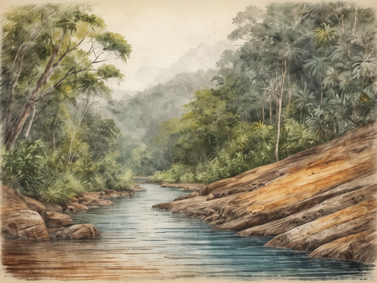 Eine ruhige Landschaft im Madidi-Nationalpark zeigt einen sanft geschwungenen Fluss, umgeben von üppigem Grün. Hohe Bäume und dichte Vegetation säumen das Ufer, während große, glatte Felsen am Rand des Wassers liegen. Im Hintergrund erheben sich sanfte Hügel, die durch leichten Nebel umhüllt sind. Die Farben sind warm und einladend, und die gesamte Szenerie strahlt eine friedliche, unberührte Natur aus.