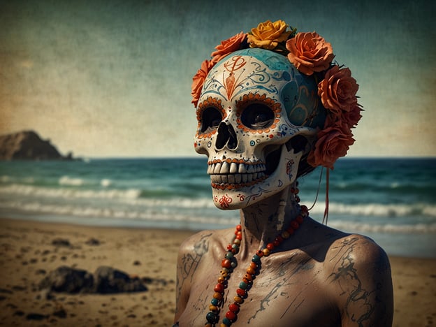 Auf dem Bild ist eine aufwendig dekorierte Menschenfigur zu sehen, die einen Totenschädel darstellt. Dieser ist mit bunten Mustern und Blumen geschmückt. Die Figur steht am Playa de los Muertos, einem Ort, der je nach Legende als Verbindung zwischen den Lebenden und den Toten gilt. 

Die Legenden des Playa de los Muertos erzählen von einer spirituellen Reise und der Feier des Lebens, wofür der Totenkult eine bedeutende Rolle spielt. Die bemalte Skulptur symbolisiert Tradition und Erinnerung an die Verstorbenen, während die schönen Blumen Hoffnung und den Kreislauf des Lebens darstellen. Der Strand im Hintergrund, mit dem sanften Wellenrauschen, verstärkt die Atmosphäre des Gedenkens und der Ehrfurcht vor den Ahnen.