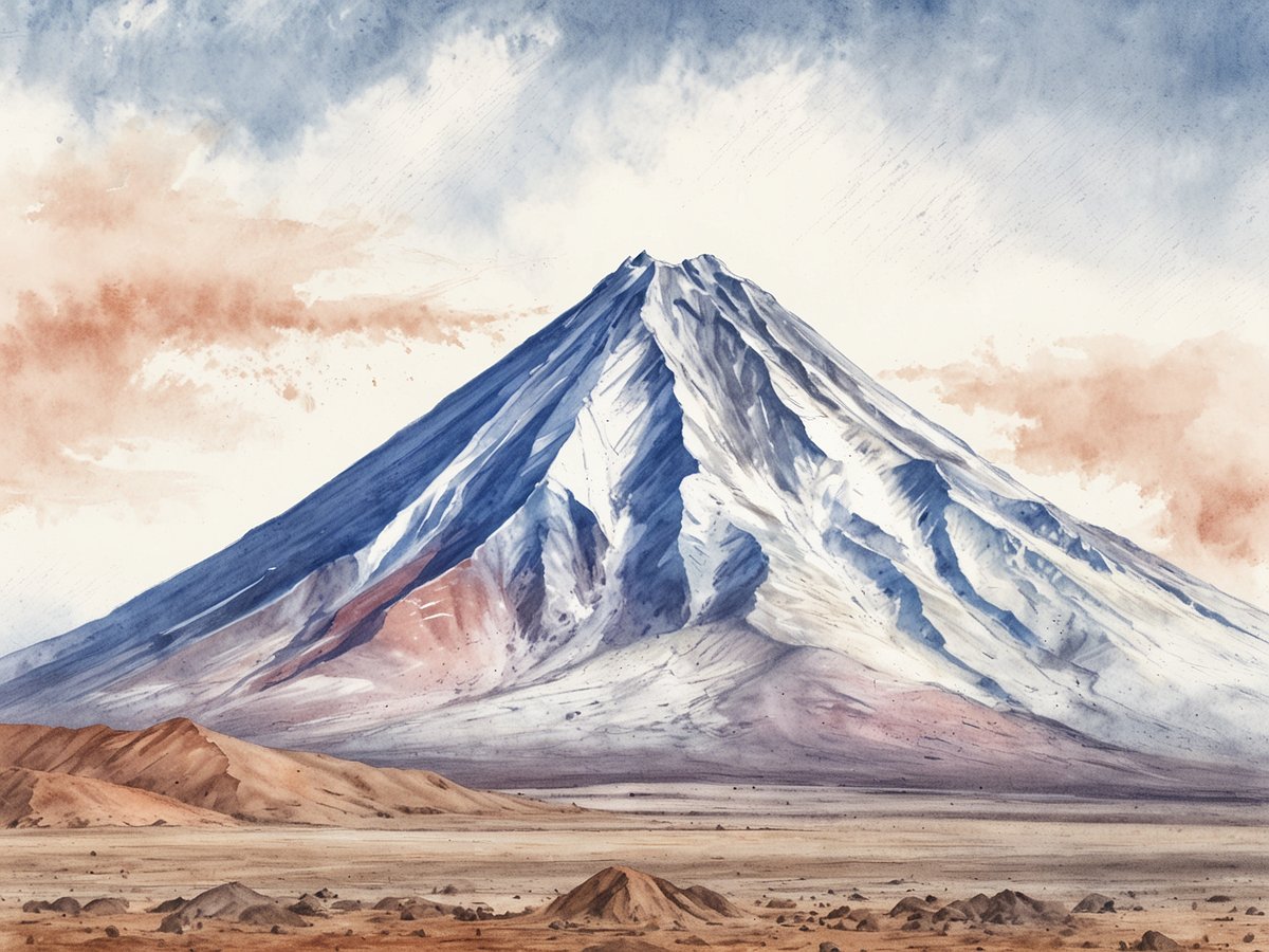 Der Licancabur-Vulkan erhebt sich majestätisch im Hintergrund, umgeben von einer kargen, weitläufigen Landschaft. Seine schneebedeckte Spitze kontrastiert mit den sanften, erdigen Farbtönen der umliegenden Berge und des Bodens. Der Himmel ist in sanften Blau- und Rottönen gehalten, wobei einige Wolken das Licht einfangen. Die Szene strahlt eine ruhige und imposante Atmosphäre aus, die die Erhabenheit des Vulkans betont.