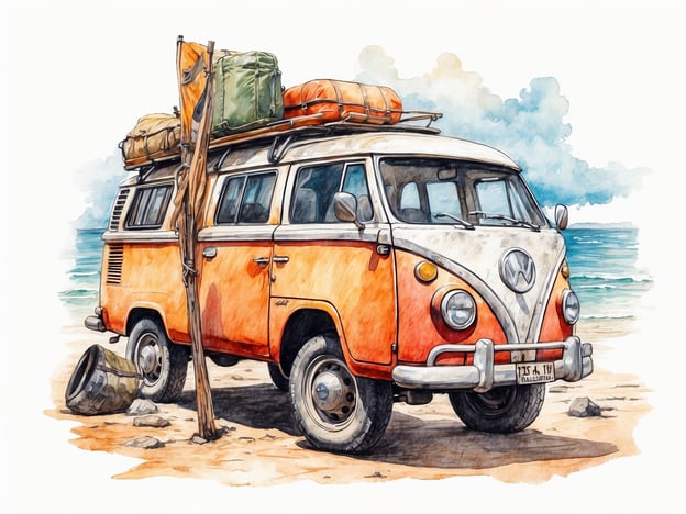 Auf dem Bild ist ein orange-weißer VW-Bus zu sehen, der an einem Sandstrand steht. Besucher könnten folgende Aktivitäten unternehmen:

1. **Strandpicknick**: Genießen Sie ein Picknick direkt am Strand mit Snacks und Getränken.
2. **Camping**: Übernachten Sie im VW-Bus und erleben Sie ein Abenteuer im Freien.
3. **Strandspaziergänge**: Machen Sie einen Spaziergang entlang des Wassers und genießen Sie die Natur.
4. **Fotografie**: Nutzen Sie die malerische Kulisse, um Fotos zu machen.
5. **Wassersport**: Versuchen Sie Aktivitäten wie Schwimmen oder Surfen, wenn die Bedingungen stimmen. 

Diese Möglichkeiten bieten eine großartige Gelegenheit, die Umgebung zu genießen und aktiv zu sein!