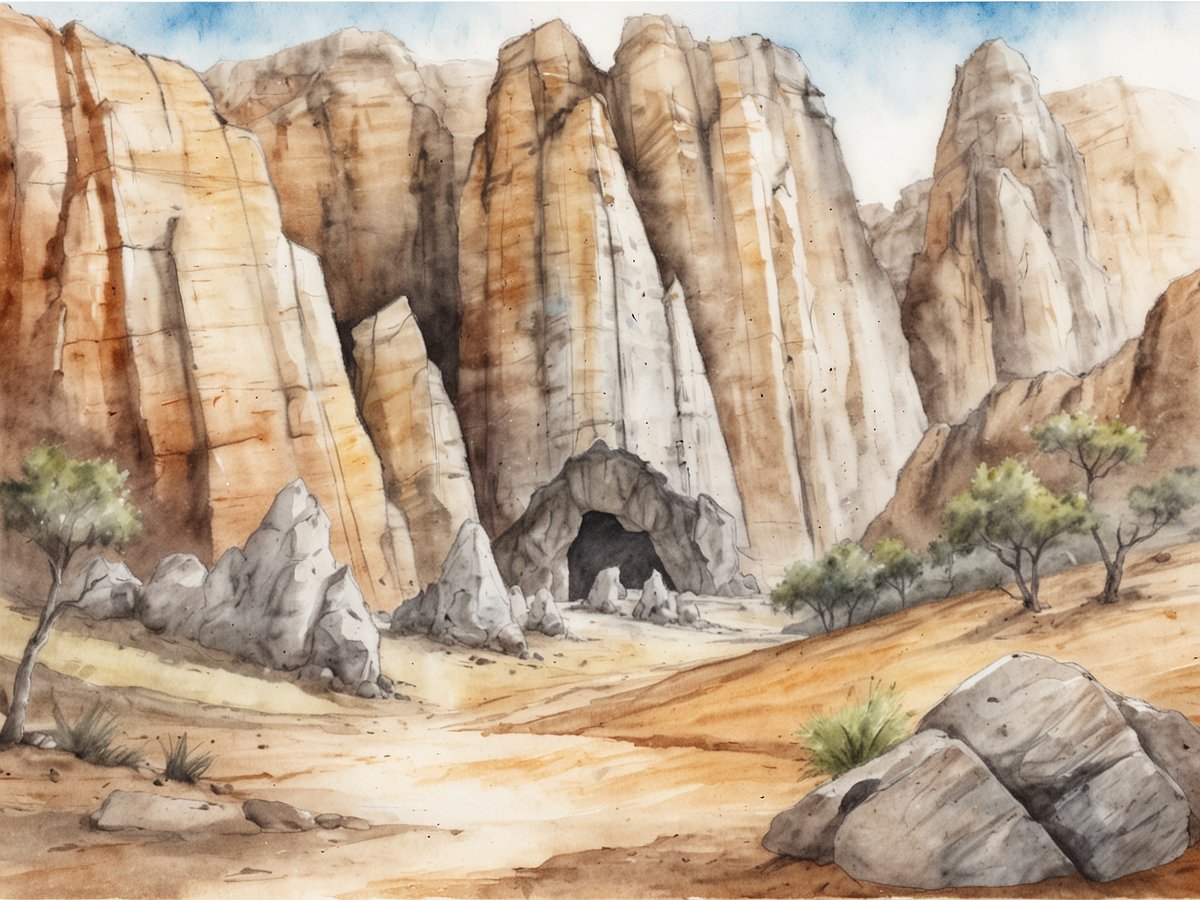 Eine malerische Landschaft der Cueva de las Galaxias zeigt beeindruckende, surreal wirkende Felsformationen aus rötlichem und beige-marmorierten Gestein. Die steilen Klippen und Säulen steigen majestätisch in den Himmel und umrahmen eine eingerahmte Höhle, die im Vordergrund sichtbar ist. Am Boden sind einige große Steine und kleine Grüppchen von stieligen Pflanzen angeordnet, während vereinzelte Bäume mit grünen Blättern den Szenenraum beleben. Der Himmel zeigt zarte Wolken, die zu einem harmonischen und friedlichen Gesamteindruck beitragen.