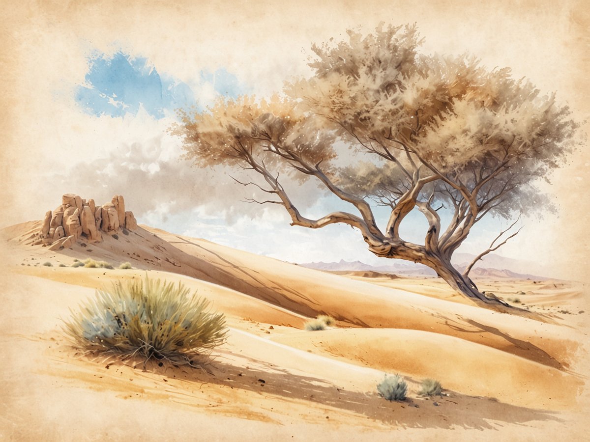 Wüstenlandschaft mit sanften Sanddünen bei Santa Cruz, in Erscheinung treten vereinzelt Sträucher und ein Baum mit ausladenden Ästen. Die Dünen erstrecken sich im Hintergrund und sind von einem klaren Himmel mit einigen Wolken überzogen. Felsformationen sind links im Bild zu sehen, die dem einsamen Landschaftsbild eine besondere Note verleihen.