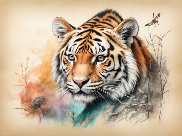 Auf dem Bild ist ein majestätischer Tiger abgebildet, der mit seinem markanten Fell und den intensiven Augen beeindruckt. Um ihn herum sind sanfte Farben und botanische Elemente zu sehen, die eine harmonische Verbindung zur Natur schaffen. Neben dem Tiger fliegt eine Schmetterling, was die Vielfalt der Tierwelt sowie die Schönheit der Natur symbolisiert. Diese Darstellung erweckt den Eindruck von Stärke und Anmut.