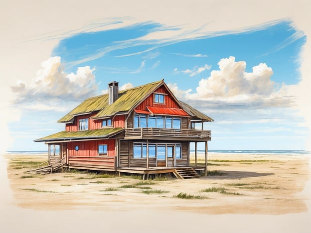 Auf dem Bild ist ein charmantes, rot gestrichenes Haus mit einem grünen Strohdach zu sehen. Es hat große Fenster und eine Veranda, die zum Strand hin ausgerichtet ist. Im Hintergrund erstreckt sich ein offener Sandstrand und ein blauer Himmel mit einigen Wolken. Die Umgebung wirkt ruhig und einladend, ideal für Urlaub oder Entspannung am Meer.