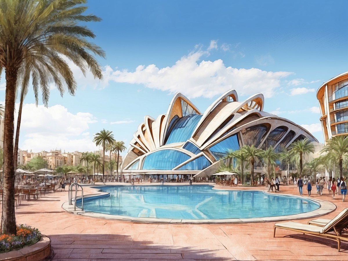 Das Bild zeigt das moderne Gebäude des Palau de les Arts Reina Sofia in Valencia, umgeben von Palmen und einem Schwimmbecken im Vordergrund. Der Himmel ist blau und teilweise bewölkt, während sich Menschen in der Umgebung aufhalten. Im Hintergrund sind weitere Gebäude und eine einladende Atmosphäre zu erkennen. Die architektonischen Highlights des Palau zeichnen sich durch geschwungene Linien und große Glasflächen aus.