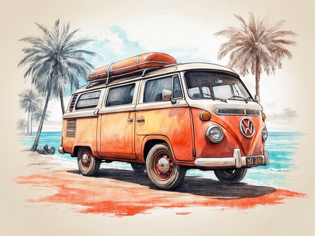 Auf dem Bild ist ein nostalgischer VW-Bus zu sehen, der am Strand steht, umgeben von Palmen. Diese Szenerie erinnert an eine entspannte Strandauszeit. Besonders attraktiv wäre hier ein Campingausflug entlang der Küste, wo man surfen, schwimmen oder einfach die Natur genießen kann. Veranstaltungen wie Strandpartys oder Grillabende wären ebenfalls passend, um die Sommeratmosphäre zu genießen. Das Bild vermittelt ein Gefühl von Freiheit und Abenteuer, perfekt für Urlaubspläne.