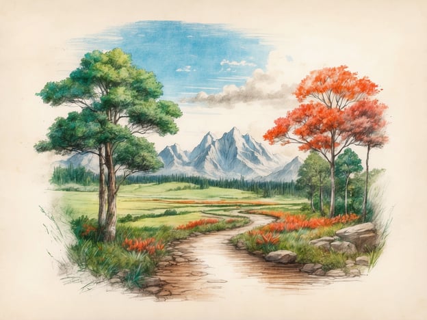 Auf dem Bild ist eine malerische Landschaft mit hohen Bergen im Hintergrund zu sehen, umgeben von grünen Wäldern und bunten Bäumen. Der Weg, der durch die Landschaft führt, lädt zur Erkundung ein und zeigt die Schönheit der Natur. Diese Darstellungen können in der Bildungsarbeit verwendet werden, um das Bewusstsein für Naturschutz und die Bedeutung der Erhaltung solcher Lebensräume zu fördern. Sie bieten eine Grundlage für Diskussionen über ökologische Systeme und die Verantwortung des Menschen gegenüber der Natur.