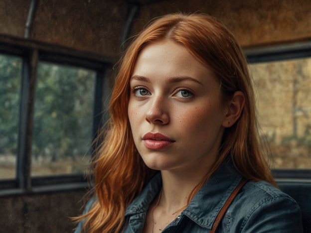 Auf dem Bild ist das Gesicht einer jungen Person zu sehen, die in die Kamera schaut. Sie hat rote, lange Haare, die sanft fallen, und ihre Augen strahlen eine gewisse Neugier aus. Ihr Gesicht wirkt natürlich und freundlich, mit einigen Sommersprossen, die ihr einen frischen Eindruck verleihen. Im Hintergrund sind verschwommene Details erkennbar, die auf einen älteren Raum hindeuten, möglicherweise ein Fahrzeug oder ein Gebäude. Die Lichtverhältnisse schaffen eine warme, einladende Atmosphäre.