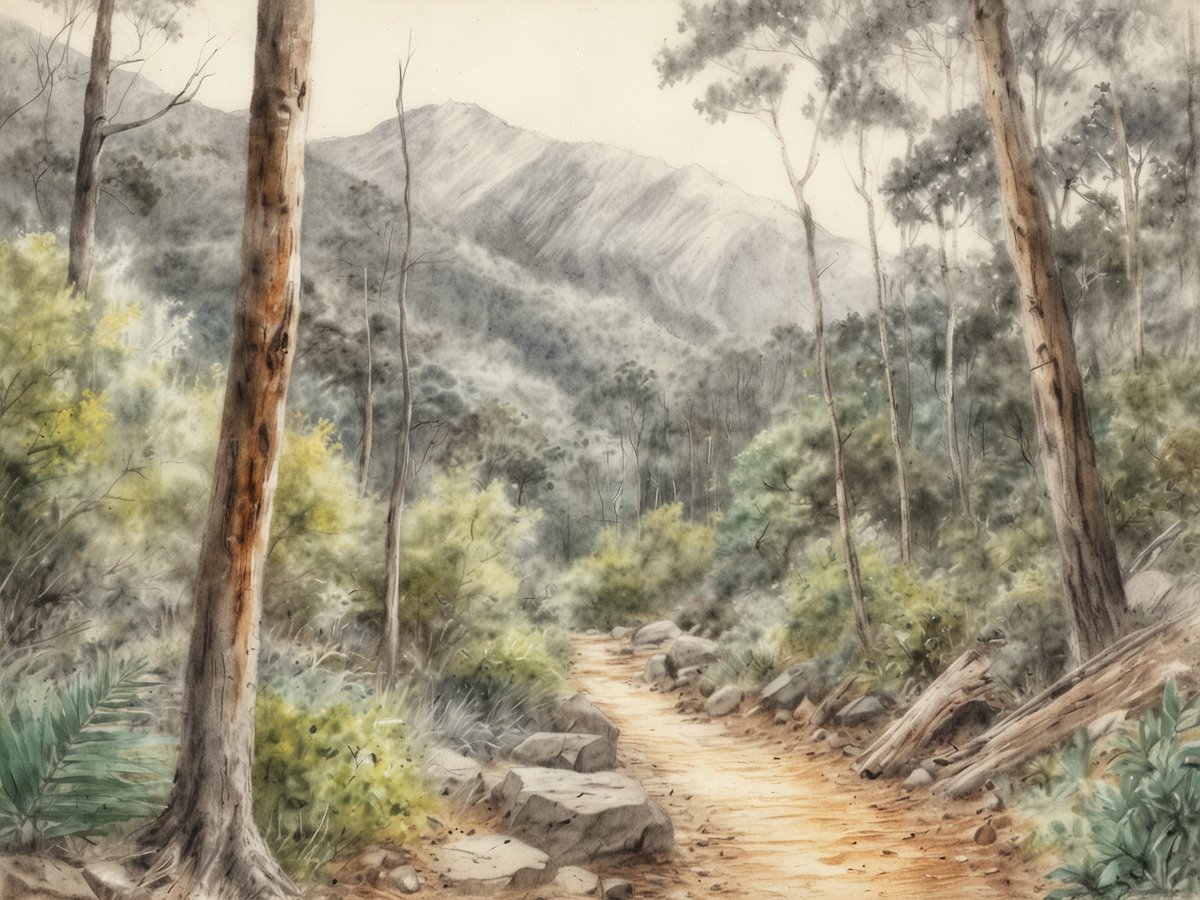 Eine malerische Aussicht auf einen unberührten Chiquitano-Wald zeigt einen schmalen Wanderweg, der sich durch das Dickicht schlängelt. Hohe Baumstämme und dichtes Unterholz prägen die Szenerie, während im Hintergrund sanfte Hügel und schroffe Berge zu sehen sind. Die Farben sind dezent und harmonisch, mit sanften Grüntönen und erdigen Brauntönen, die die Ruhe und die natürliche Schönheit der abgelegenen Landschaft betonen. Ein Gefühl von Einsamkeit und unberührter Natur vermittelt die Ansicht, die zum Verweilen und Erkunden einlädt.