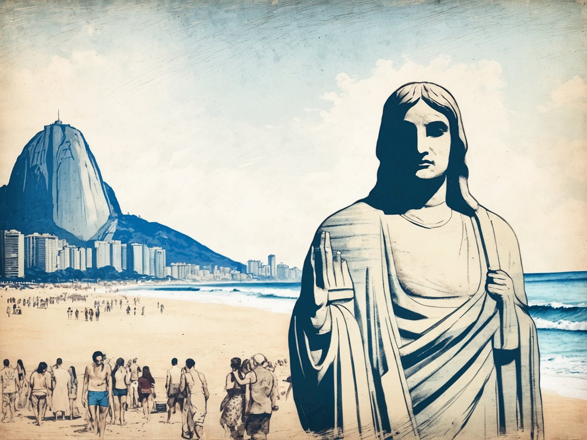 Eine beeindruckende Darstellung von Rio de Janeiro, die den Zuckerhut im Hintergrund zeigt, während die ikonische Christusstatue im Vordergrund thront. An den Stränden von Copacabana sind zahlreiche Menschen zu sehen, die die Sonne genießen und im Sand spazieren. Die Szene vermittelt ein Gefühl von lebendigem Stadtleben und natürlicher Schönheit, mit dem klaren Himmel und dem sanften Wellenschlag im Hintergrund.