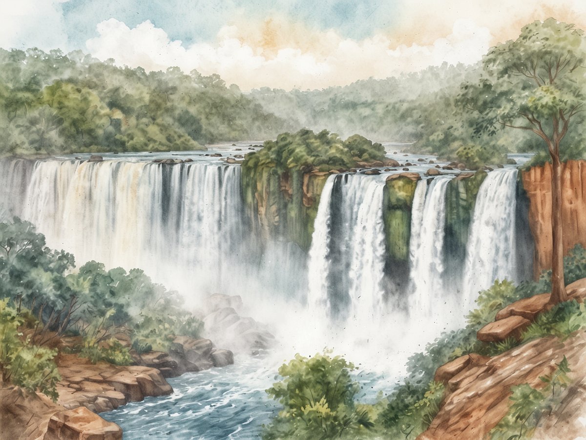 Die Iguazú-Wasserfälle sind majestätisch dargestellt, mit mehreren breiten Wasserströmen, die von hohen Klippen herabstürzen. Umgeben von üppigem, grünem Wald, sprühen die Wasserfälle feinen Nebel in die Luft. Der blaue Himmel ist mit sanften Wolken durchzogen, während die Felsen und der Fluss in der Nähe sichtbar sind. Dieses beeindruckende Naturwunder an der Grenze zu Argentinien bietet eine malerische und friedliche Landschaft.