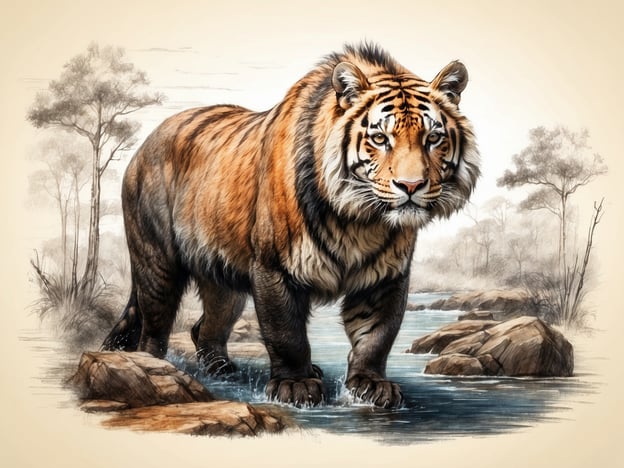 Auf dem Bild ist ein Tiger zu sehen, der majestätisch durch Wasser tritt. Er ist von einer natürlichen Umgebung umgeben, die charakteristisch für die Tierwelt des Wildgeheges ist, mit Bäumen und Felsen im Hintergrund. Der Tiger, bekannt für sein gestreiftes Fell und seine kraftvolle Präsenz, verkörpert die Schönheit und Wildheit der Tierwelt.